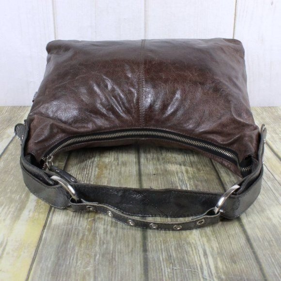 Tano Brown Distressed Leather Purple Lined Silver Trim Hobo Purse Shoulder Bag - Picture 7 of 10